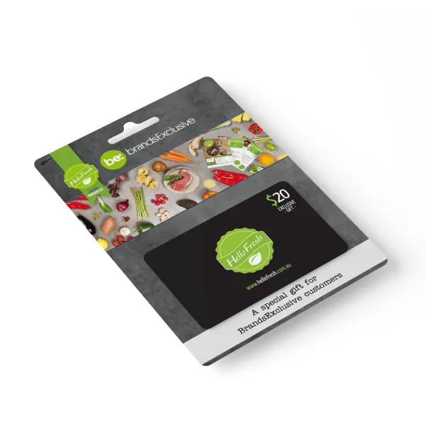 Branded exclusive gift card with holder featuring a vibrant food-themed design, ideal for rewarding loyal customers.