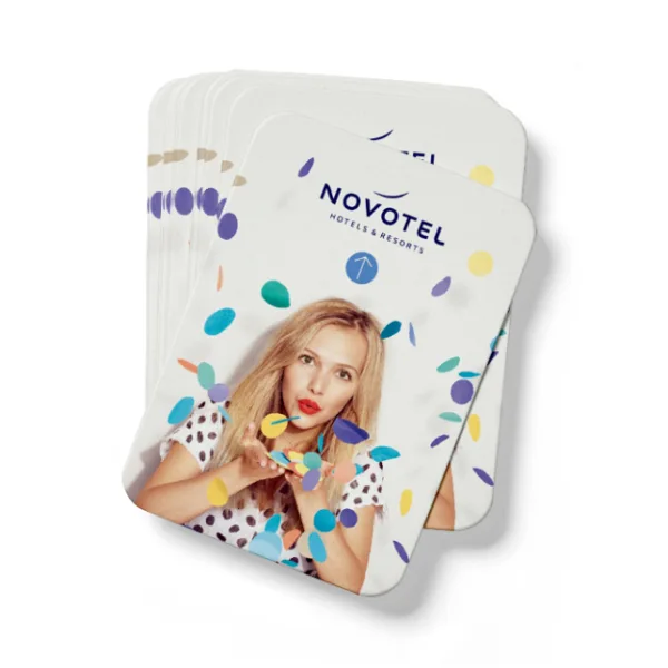 Colorful RFID hotel key cards from Novotel featuring a playful, modern design, ensuring secure and convenient guest access.