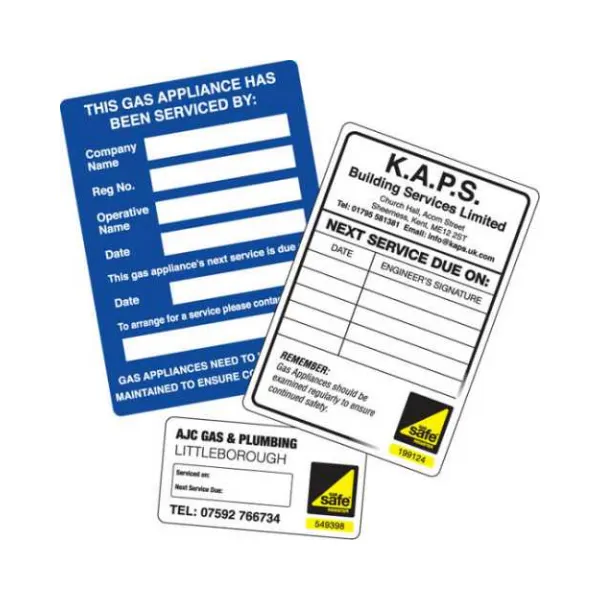 Professional service stickers for gas appliances, detailing service history and next service due date for enhanced safety and maintenance tracking.